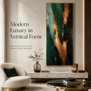 Emerald & Copper Cascade: Modern Vertical Abstract Canvas Art