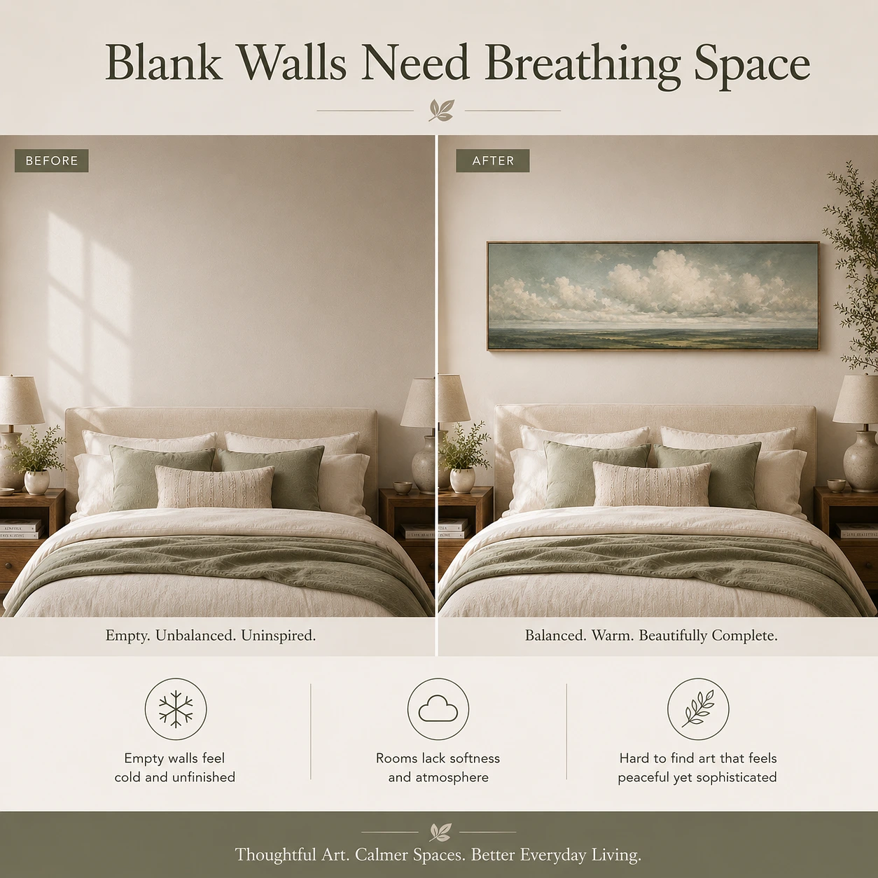 Green Cloud Landscape Canvas Wall Art for Above Bed