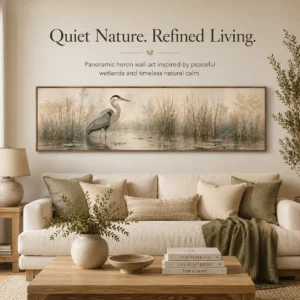 Muted Heron Long Horizontal Skinny Framed Canvas