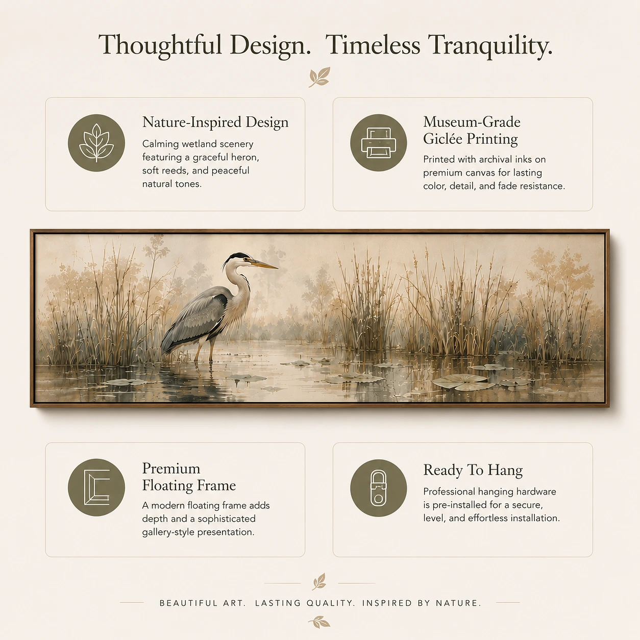 Muted Heron Skinny Framed Canvas Panoramic Wall Art Design