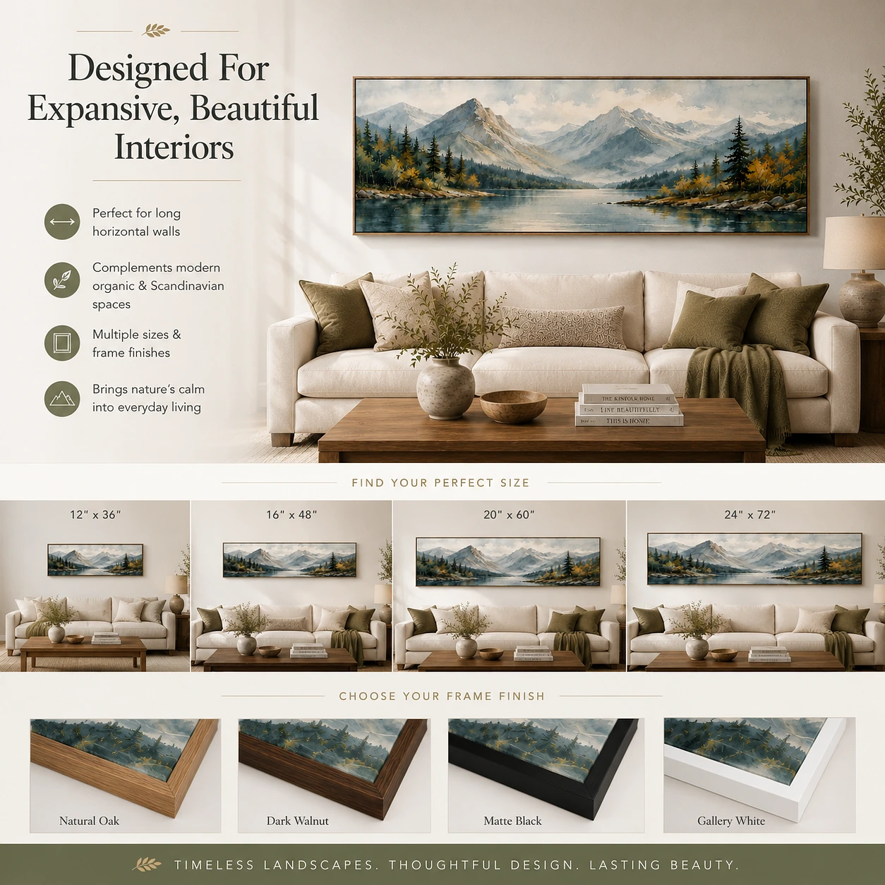 Panoramic Watercolor Mountain & Lake Canvas Wall Art Design