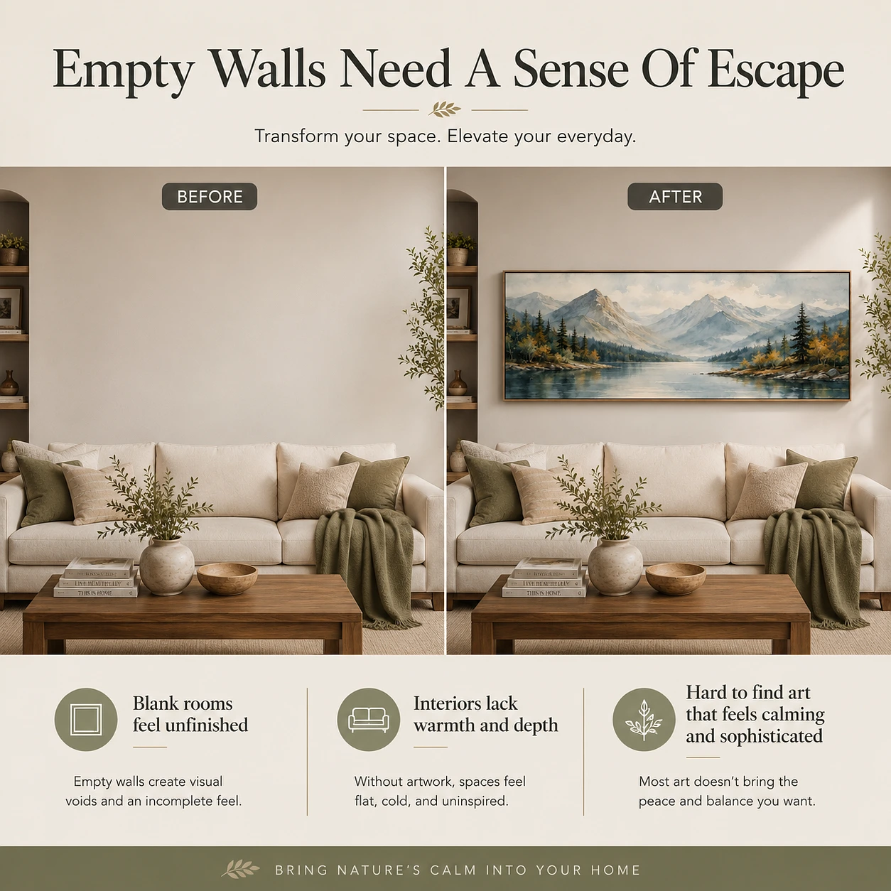 Panoramic Watercolor Mountain & Lake Canvas Wall Art