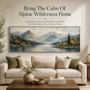 Watercolor Mountain and Lake Long Horizontal Large Canvas Wall Art