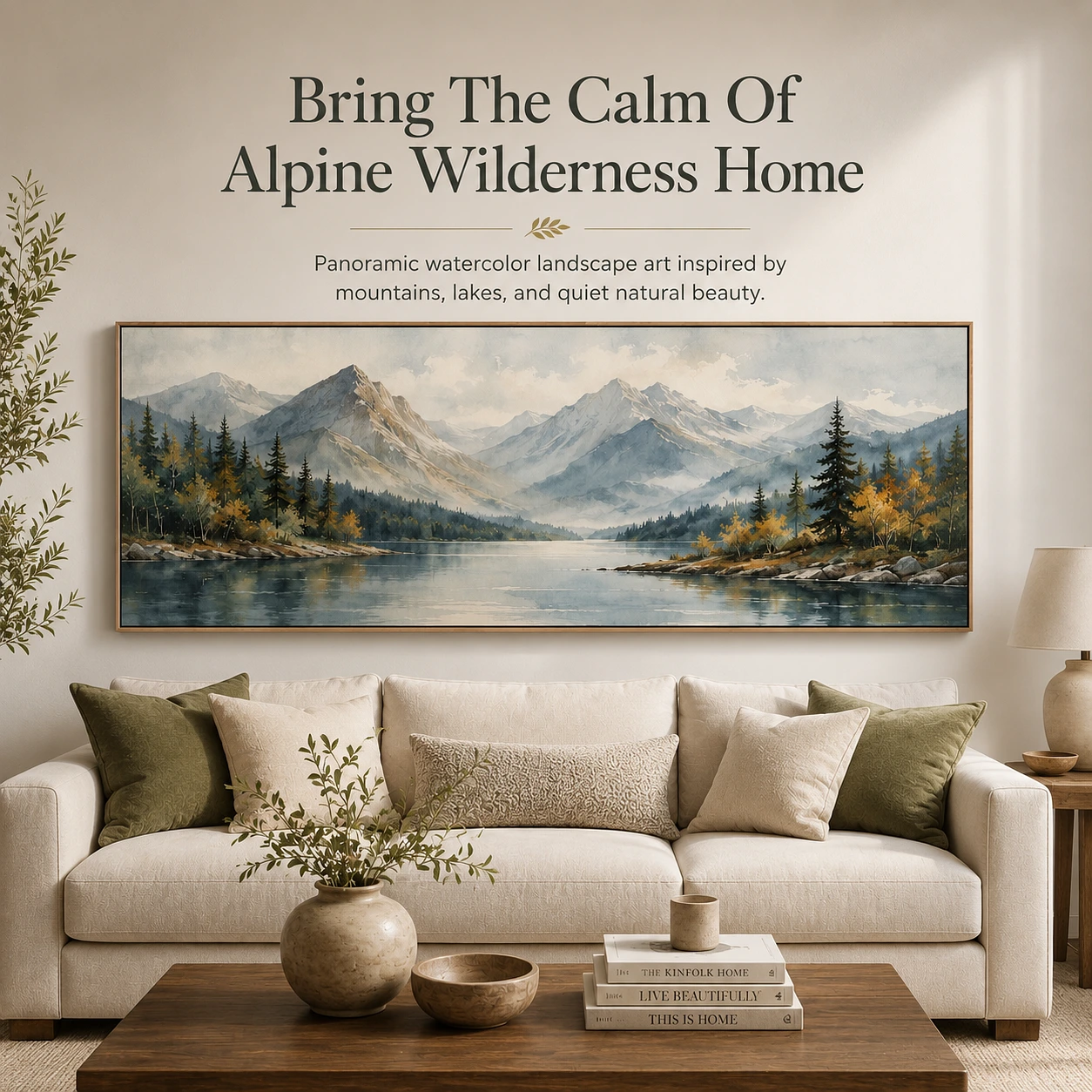 Watercolor Mountain and Lake Long Horizontal Large Canvas Wall Art
