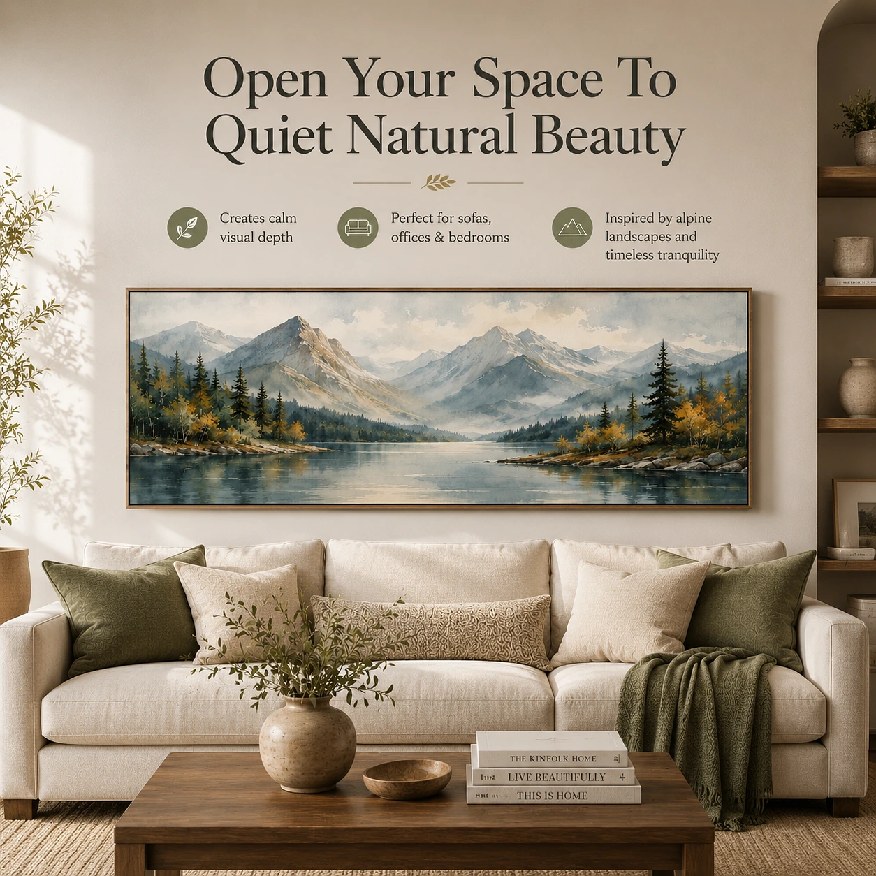 Watercolor Mountain and Lake Long Horizontal Large Wall Art Design