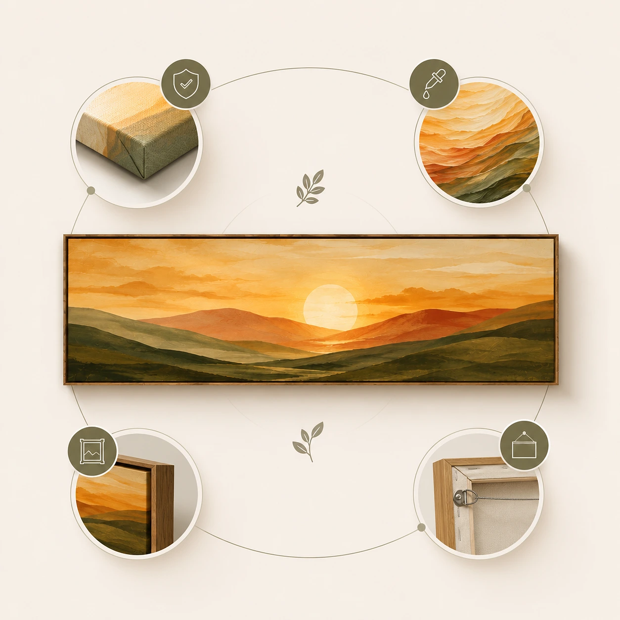 Abstract Sunrise Landscape Art – Panoramic Wall Print for Above Bed Decor, Colorful Boho Wall Art, Large Framed Canvas