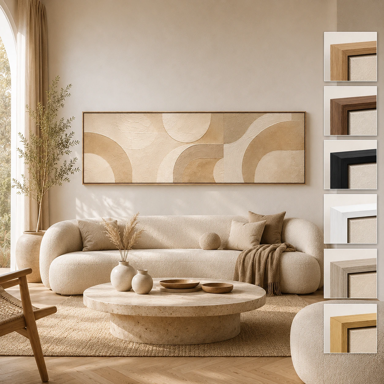 Minimalist Beige Abstract Horizontal Wide Wall Art in Living Room