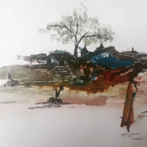 Abstract Rural Landscape Watercolor Painting Wall Art - Rustic Village Canvas Print