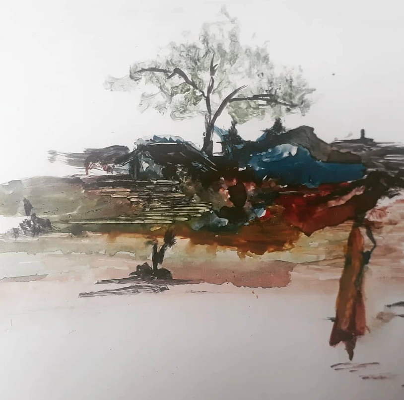 Abstract Rural Landscape Watercolor Painting Wall Art - Rustic Village Canvas Print