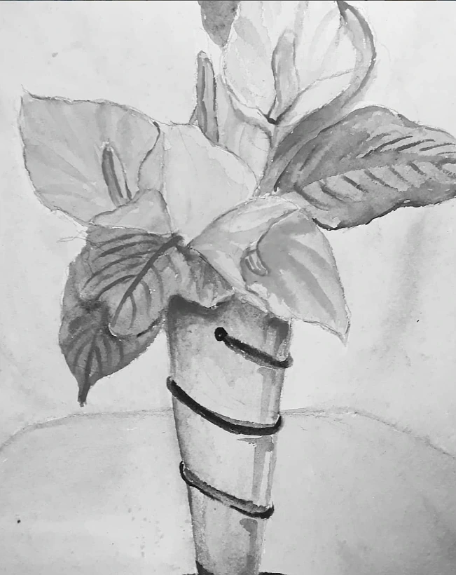 Black & White Watercolor Floral Vase Painting - Hand-Painted Monochrome Canvas Wall Art
