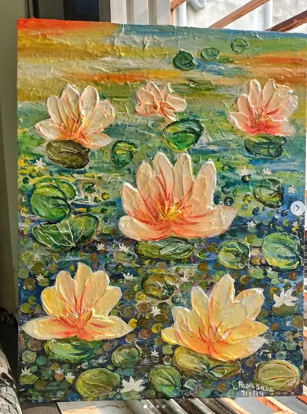 Blooming Lotus Pond Painting Wall Art - Impressionist Floral Canvas Print