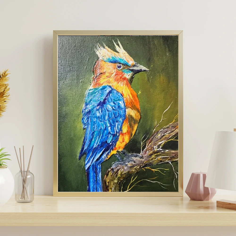 Colorful Blue & Orange Bird Painting Wall Art