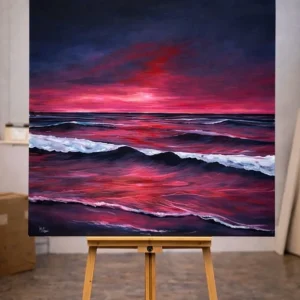 Crimson Sunset Ocean Painting Wall Art - Dramatic Seascape Canvas Print