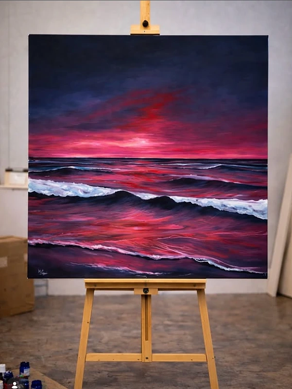 Crimson Sunset Ocean Painting Wall Art - Dramatic Seascape Canvas Print