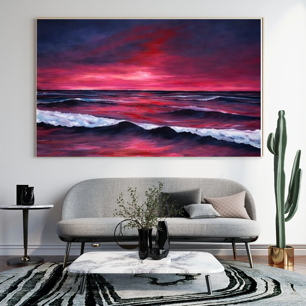 Crimson Sunset Ocean Painting Wall Art