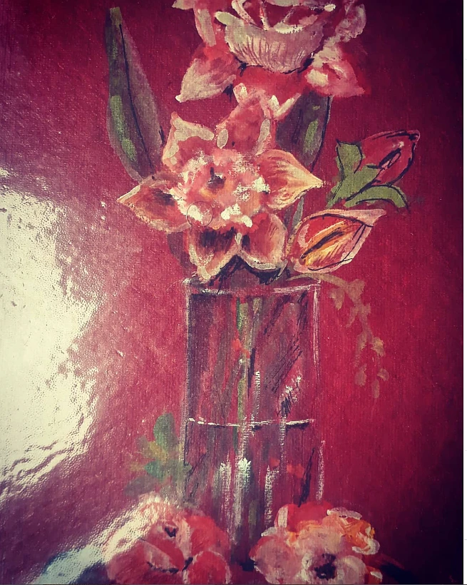 Hand-Painted Pink Floral Vase Painting - Elegant Flower Canvas Wall Art for Home Decor