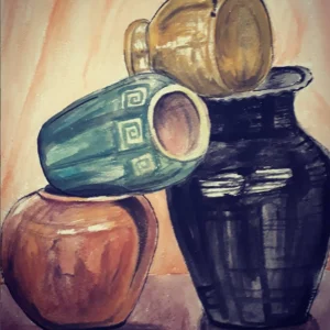 Hand-Painted Still Life Ceramic Pot Painting - Rustic Vase Canvas Wall Art