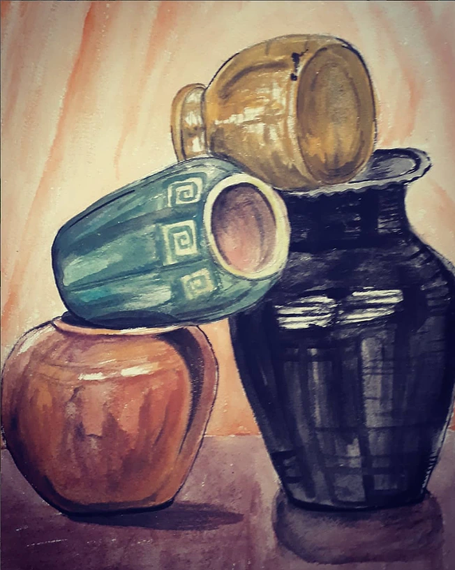 Hand-Painted Still Life Ceramic Pot Painting - Rustic Vase Canvas Wall Art