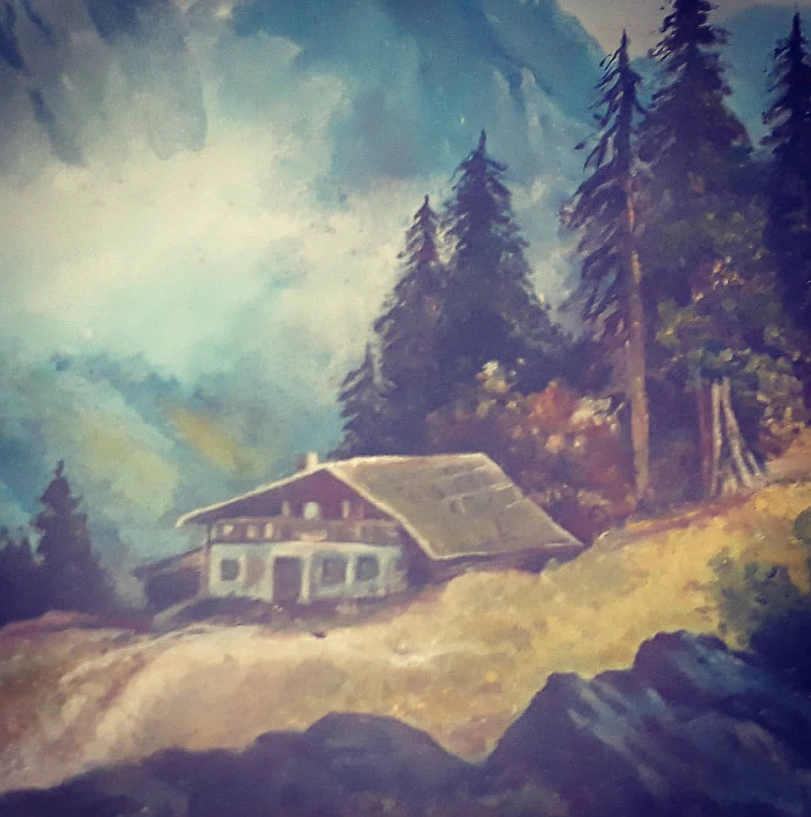 Mountain Cabin Landscape Painting Wall Art - Forest Nature Canvas Print
