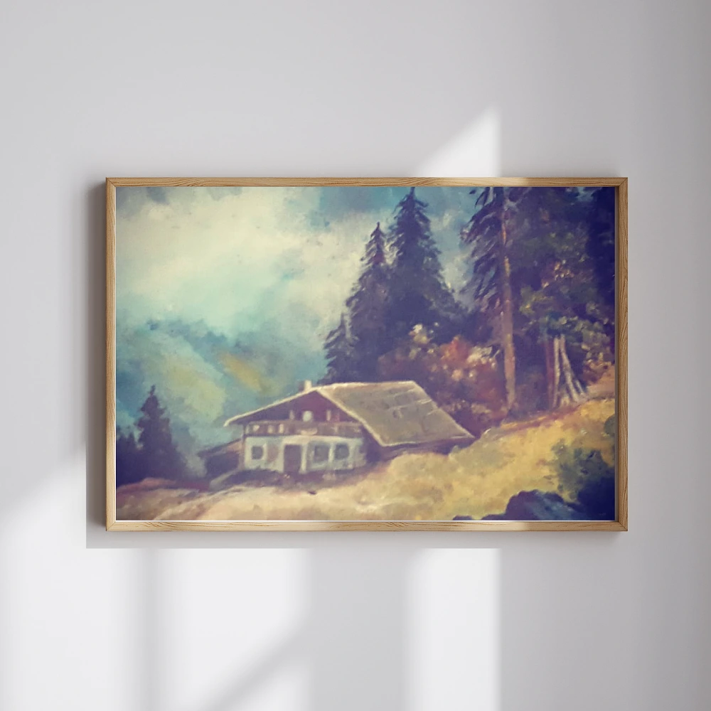 Mountain Cabin Landscape Painting Wall Art