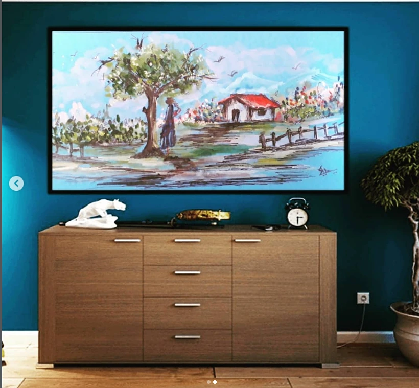 Peaceful Countryside Landscape Painting Wall Art - Rustic Village Canvas Print