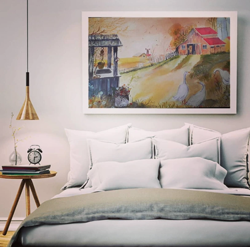 Rustic Farmhouse Landscape Painting Wall Art - Countryside Canvas Print