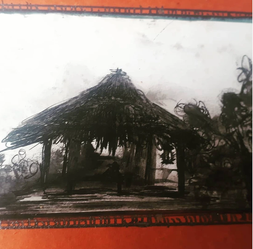 Rustic Village Hut Charcoal Sketch Wall Art - Monochrome Rural Canvas Print