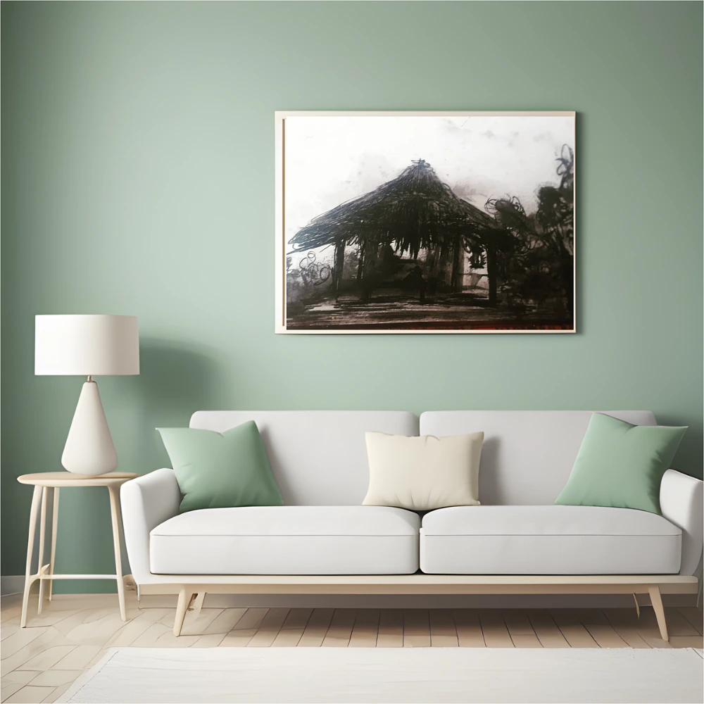 Rustic Village Hut Charcoal Sketch Wall Art