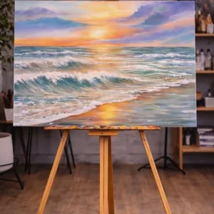 Sunset Ocean Waves Painting Wall Art - Coastal Seascape Canvas Print