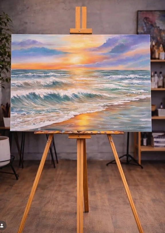 Sunset Ocean Waves Painting Wall Art - Coastal Seascape Canvas Print