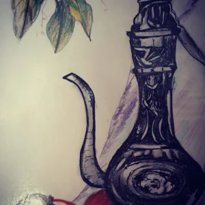 Traditional Decorative Ewer Sketch - Hand-Drawn Pen & Pencil Artwork with Botanical Elements