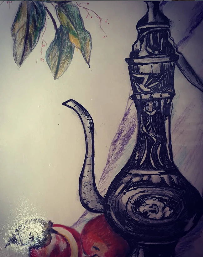 Traditional Decorative Ewer Sketch - Hand-Drawn Pen & Pencil Artwork with Botanical Elements