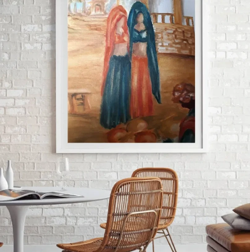 Traditional Rajasthani Women Oil Painting Wall Art - Rustic Indian Village Canvas Print