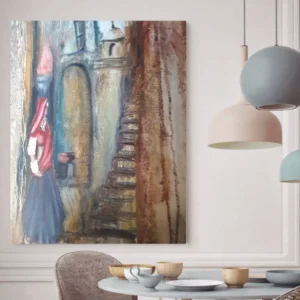 Vintage Alley Woman Canvas Wall Art - Rustic Figurative Vertical Painting
