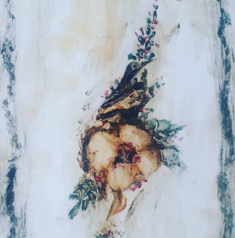 Vintage Bird & Cotton Blossom Painting - Rustic Botanical Canvas Wall Art