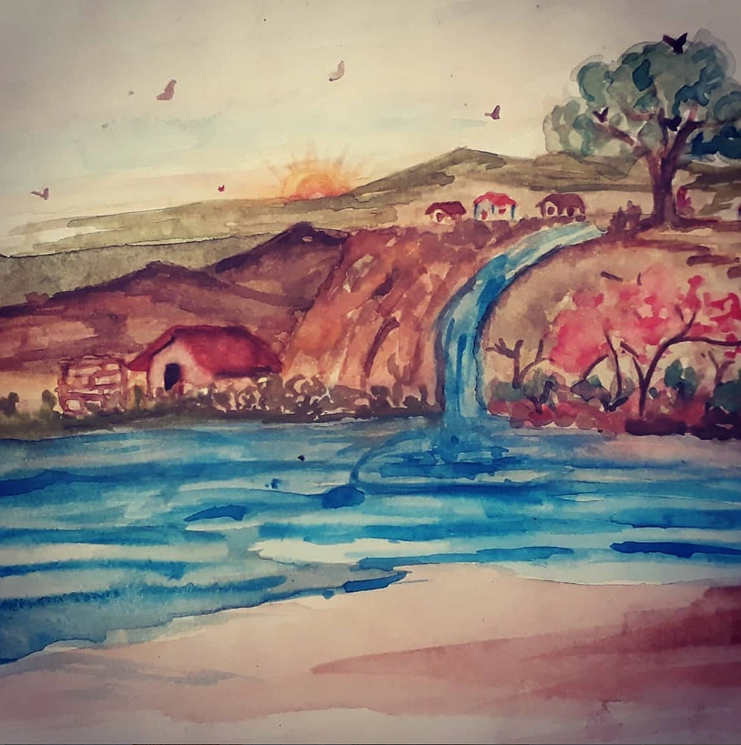 Watercolor Landscape Painting with Waterfall - Hand-Painted Nature Canvas Wall Art