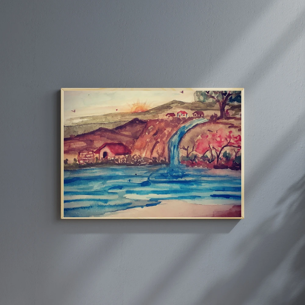 Watercolor Landscape Waterfall Painting Nature Canvas Wall Art
