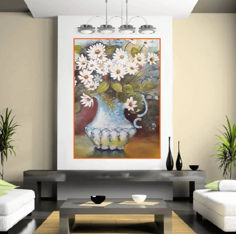 White Daisy Floral Vase Painting Wall Art - Elegant Still Life Canvas Print