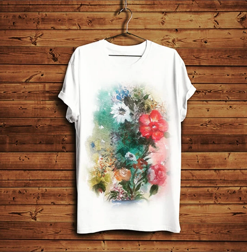 White Floral Watercolor Graphic T-Shirt - Artistic Flower Print Casual Cotton Tee for Men & Women